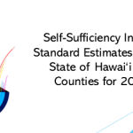 The title page graphic, created by Solomon Enos, illustrates the monthly self-sufficiency budget required for a single adult with one preschooler and one school-age child, by county