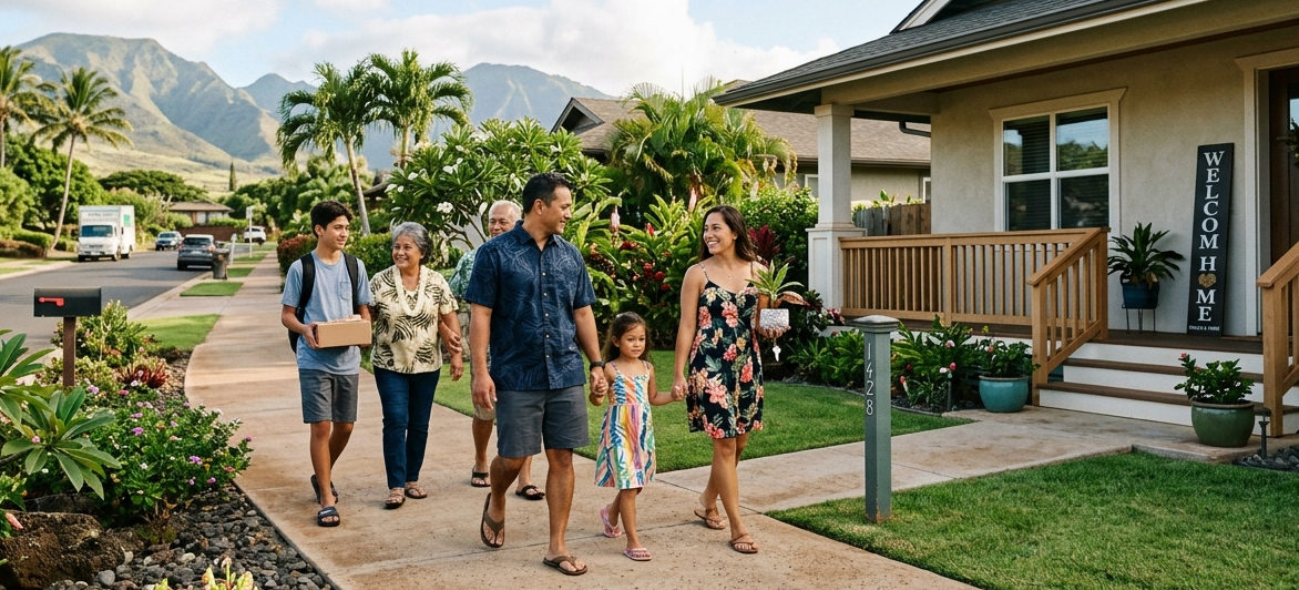 A Hawaii family walks in a neighborhood