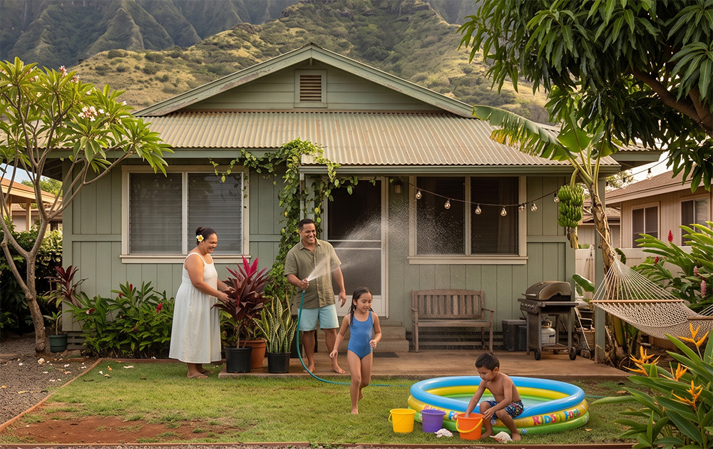 A family standing in front of a residential home