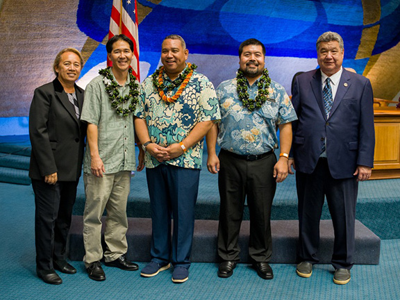 Senator Lynn DeCoite, David Hinazumi, Jayson Watts, Joshua Uyehara and Senate President Ronald Kouchi